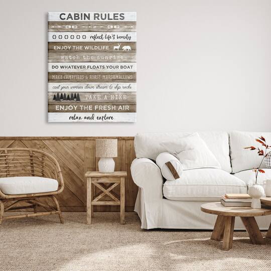 Stupell Industries Cabin Rules Motivational List Rustic Forest Plank Pattern Canvas Wall Art